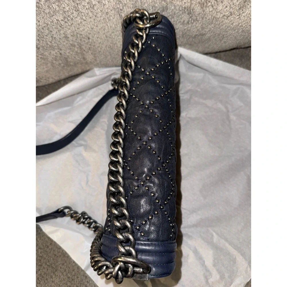 Chanel Studded Boy Flap Bag New Medium Dark Navy Aged Ruthenium Hardware COA